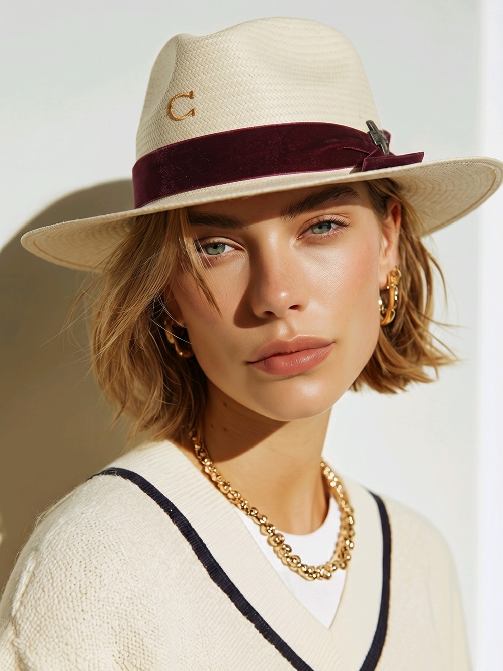 Cream Charlie Straw Fedora with Burgundy Velvet Band